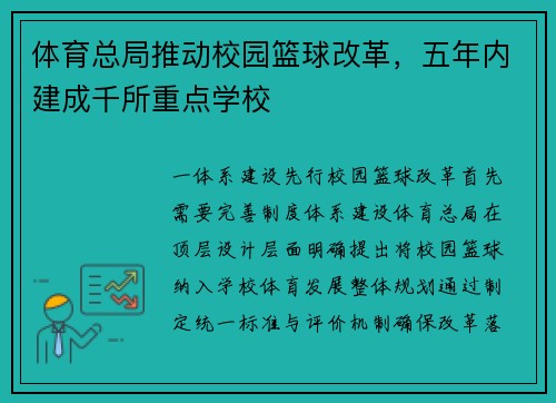 体育总局推动校园篮球改革，五年内建成千所重点学校